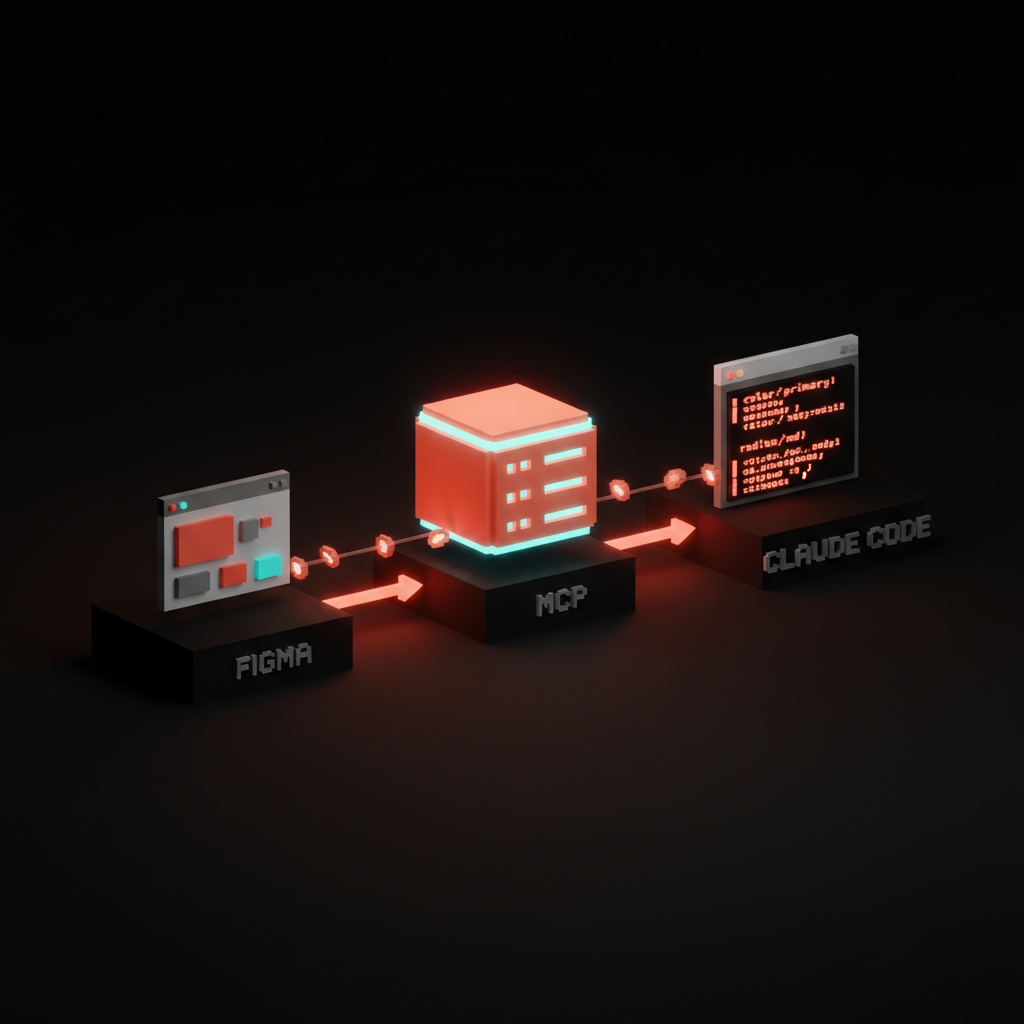 Voxel diagram showing Figma file on the left, Figma MCP server in the middle, and Claude Code generating React components on the right, with token names flowing through unchanged