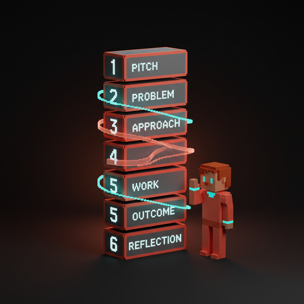 Voxel diagram labeled case study structure: six stacked sections from pitch to reflection, with a hiring manager reading through them and nodding at the reflection section