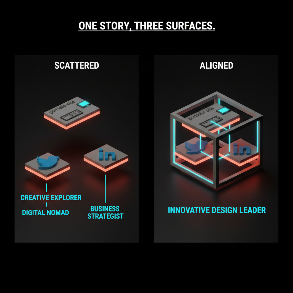 Voxel comparison. Left labeled scattered: a portfolio site, a Twitter feed, and a LinkedIn profile each telling different stories. Right labeled aligned: the same three surfaces reinforcing one coherent positioning
