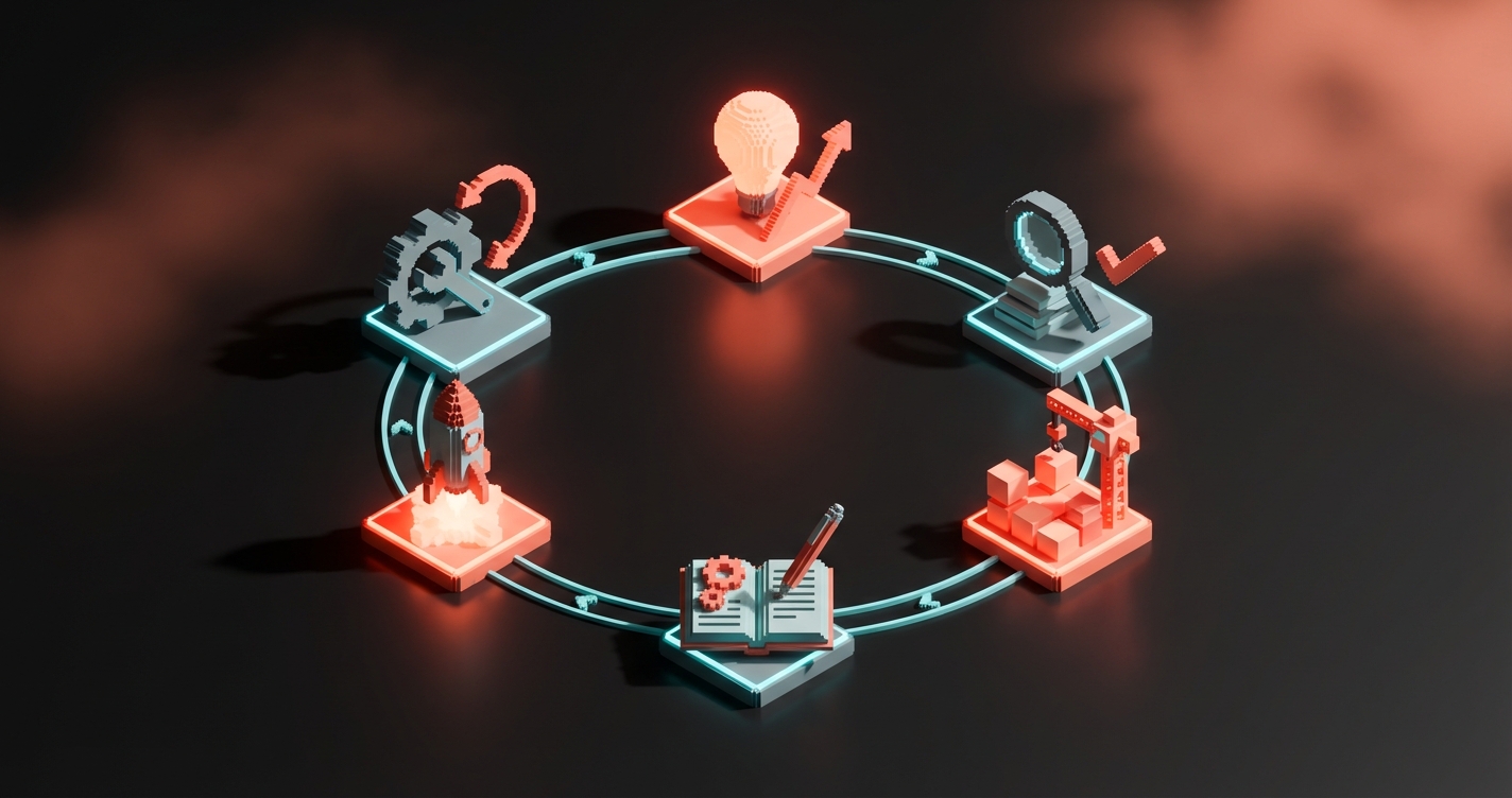 Design system lifecycle: Propose, Review, Build, Document, Ship, and Maintain as connected stations on a circular track