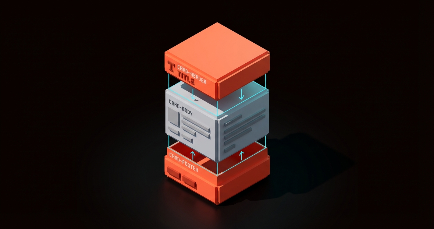 A card decomposed into composable blocks: card-header, card-body, and card-footer snapping together like building bricks