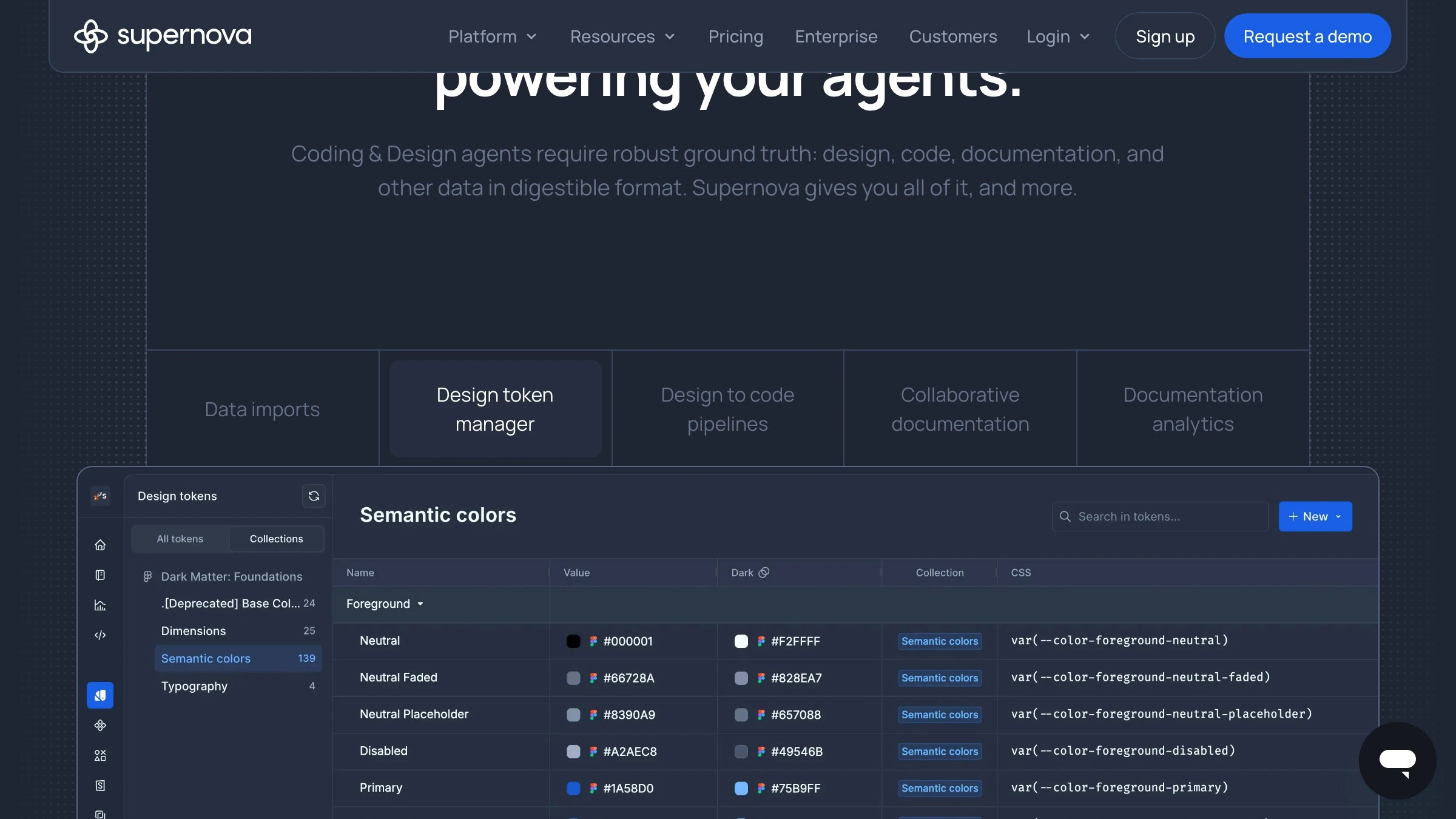 Supernova's design token manager, a real semantic-color token table with values, dark variants, and CSS variable names, the productized end of versioned tokens across products.