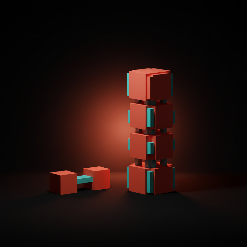 Voxel illustration contrasting a minimal two-token setup against an over-engineered multi-tier tower.