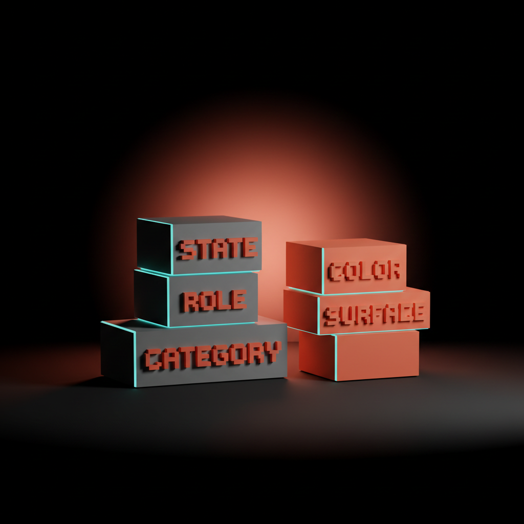 Voxel illustration of a token name broken into four parts: category, role, variant, and state.