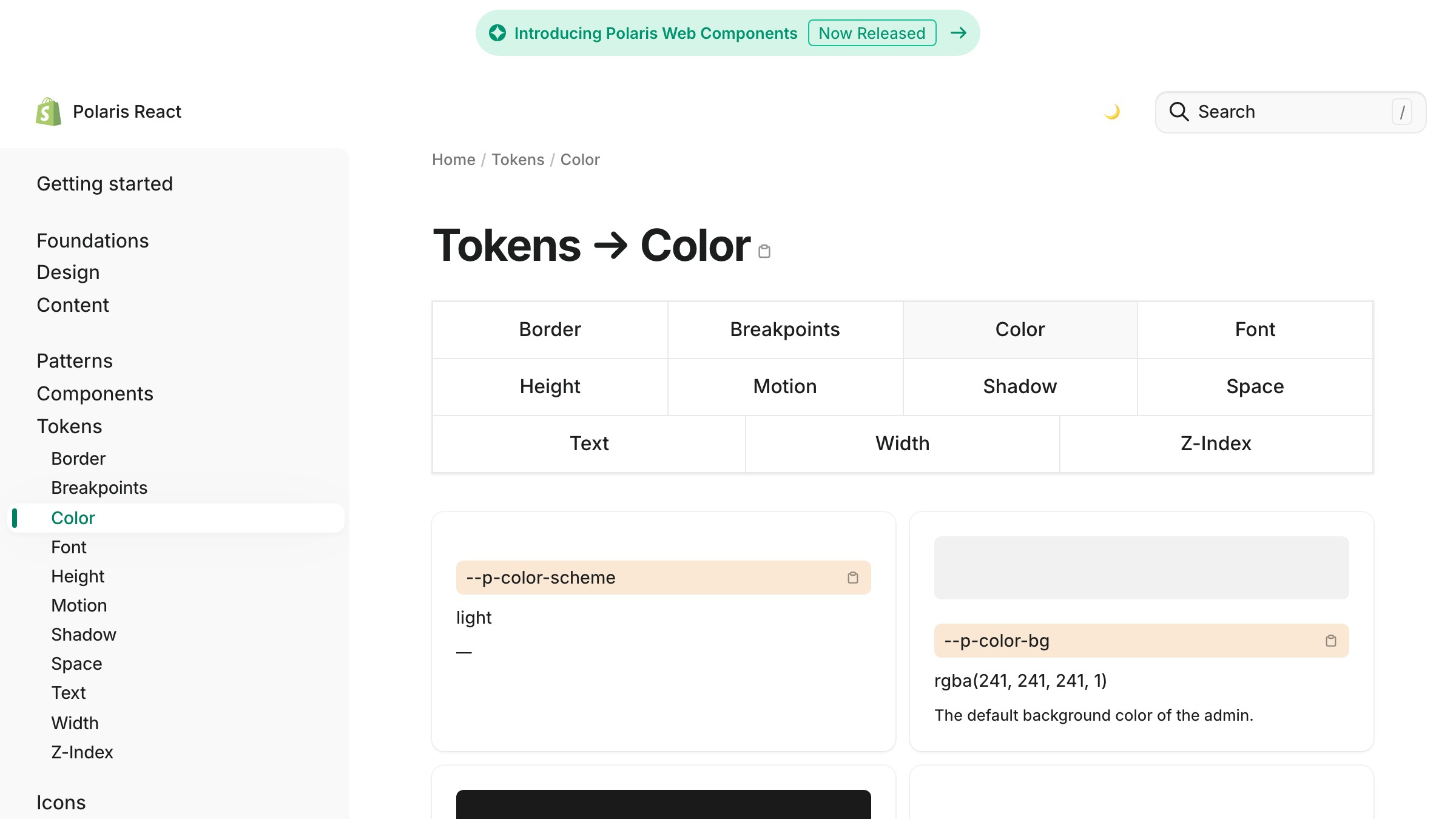 Shopify Polaris token reference page listing color tokens with their CSS custom property names and values.