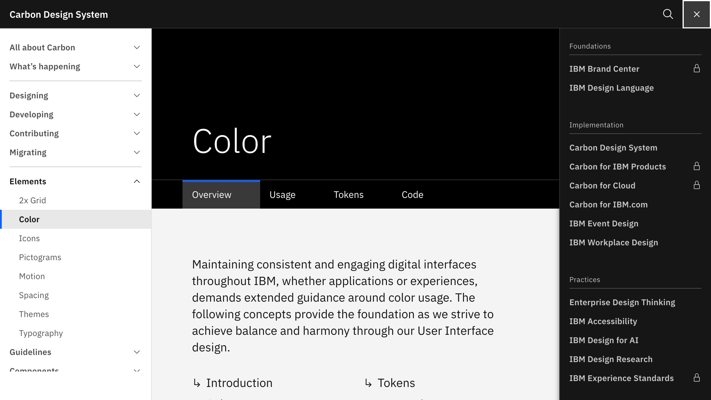 IBM Carbon design system color page showing semantic color tokens mapped to interface roles.