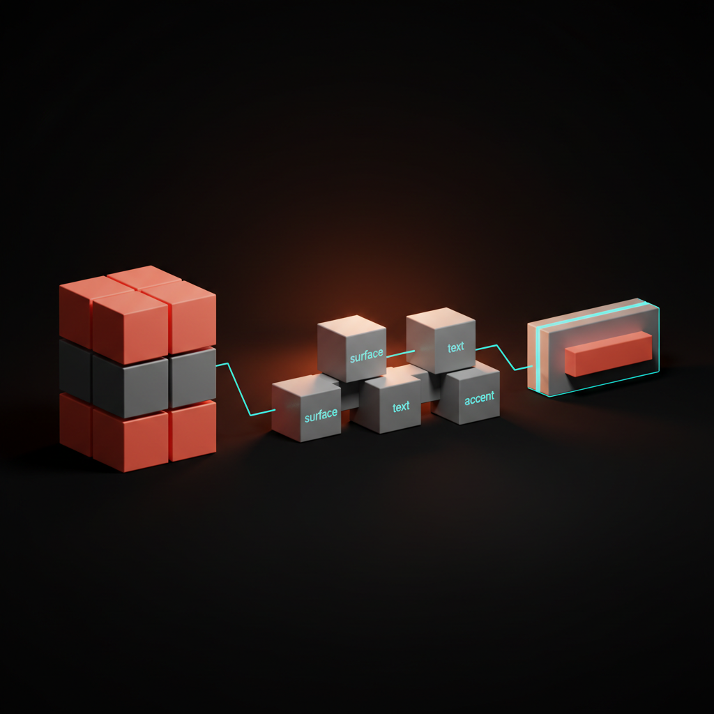 Voxel diagram showing three stacked token tiers: primitive scale, semantic roles, and component decisions.
