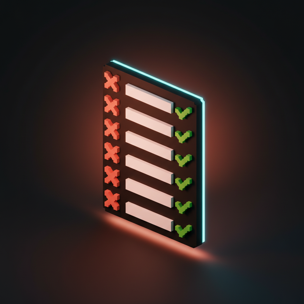Voxel checklist of items to unlearn from Design Twitter, with each row tagged drop or keep, tilted toward the camera