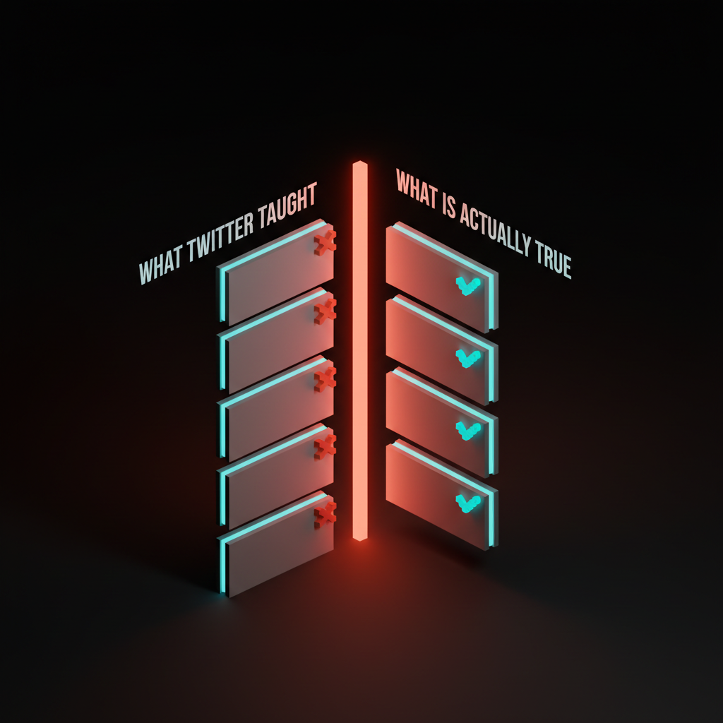 Voxel comparison of five lessons with two columns: WHAT TWITTER TAUGHT in pale gray and THE CORRECTED VERSION in coral, tilted toward the camera