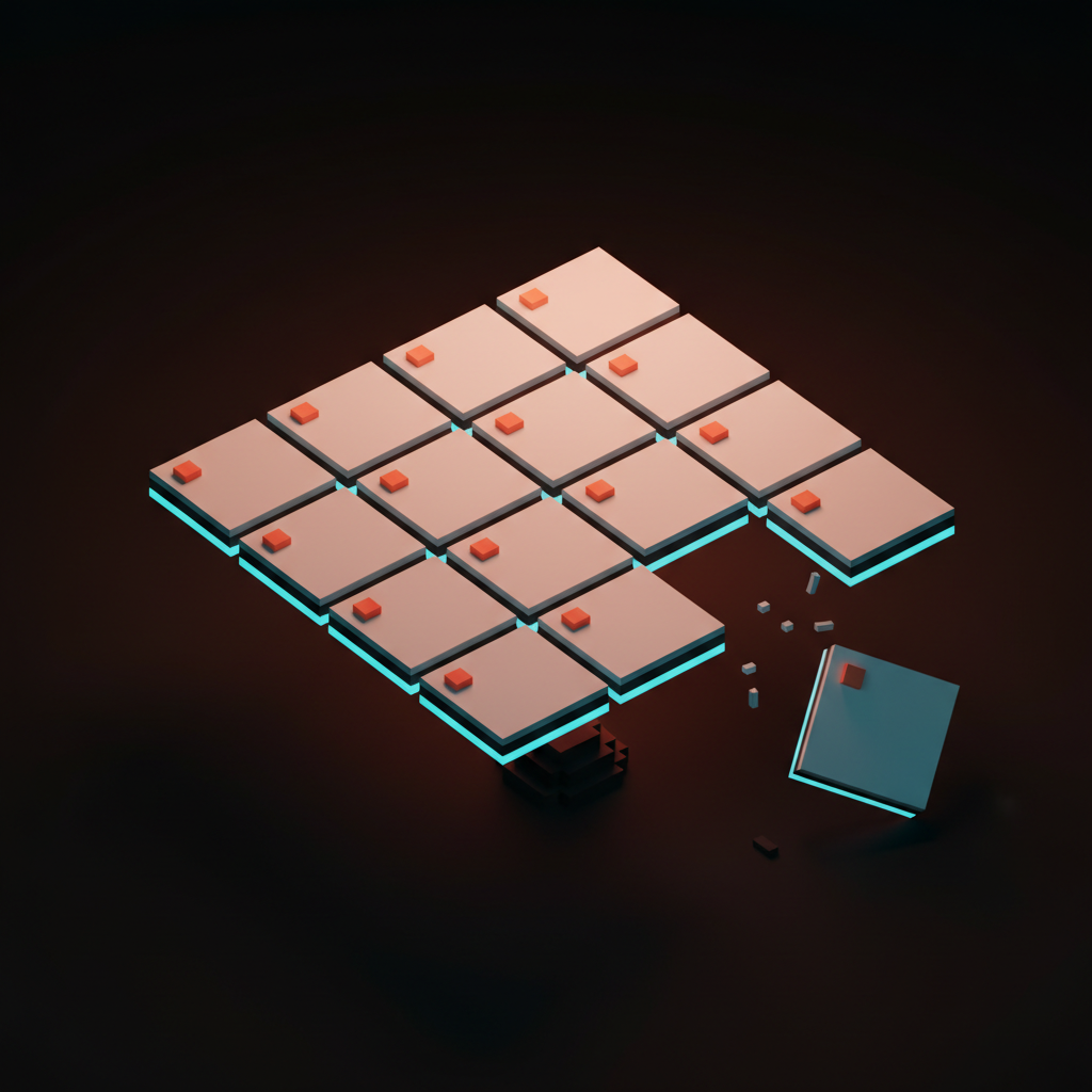 Voxel grid of identical pale-gray portfolio tiles arranged in a glossy uniform pattern, with one tile fallen out and broken open