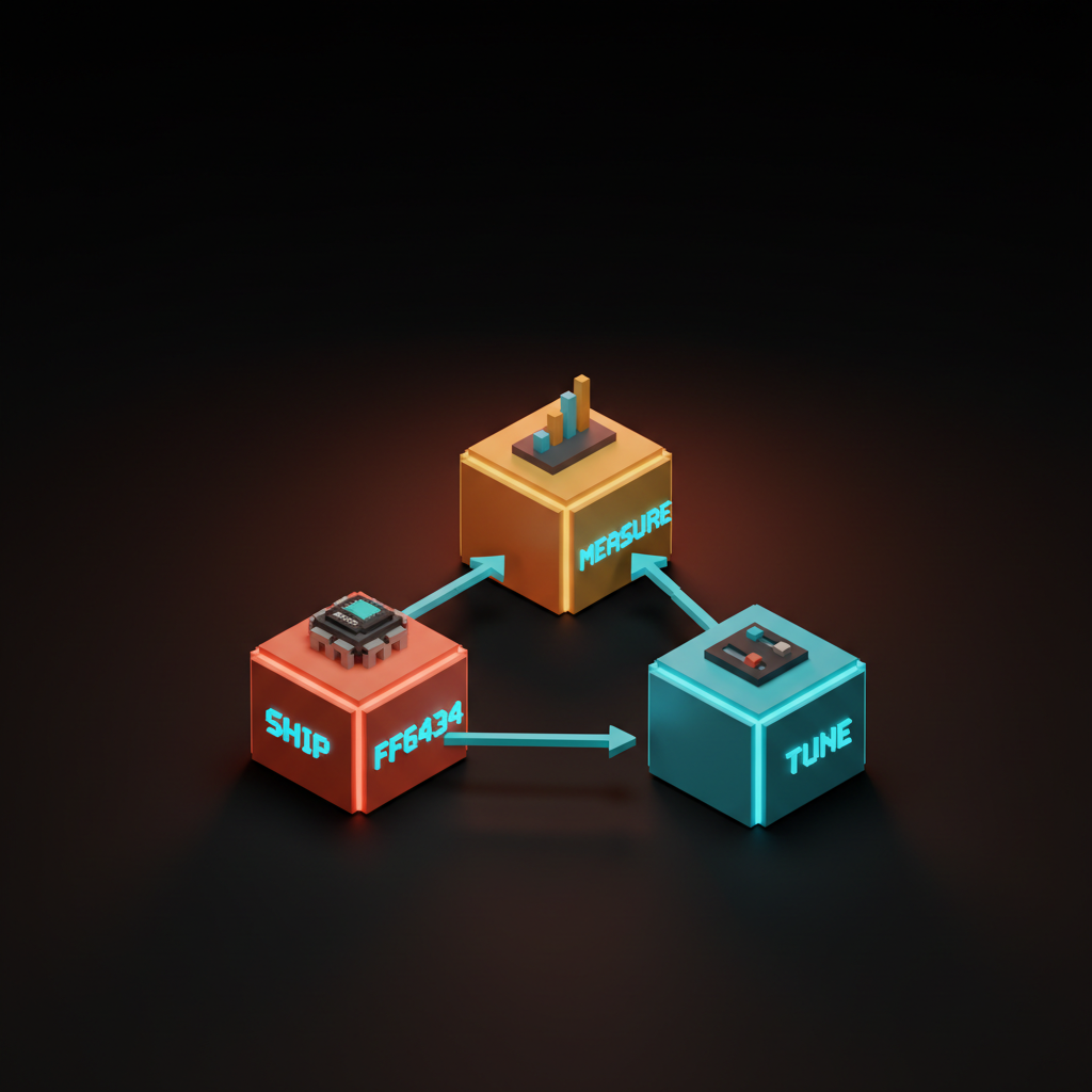 حلقة تغذية راجعة فوكسل لثلاث محطات مثلثة الشكل بلون كهرماني مرجاني سماوي، تحمل اسم "SHIP MEASURE TUNE" مع أسهم تتدفق في دورة مغلقة، استوديو مظلم مع ضباب مرجاني