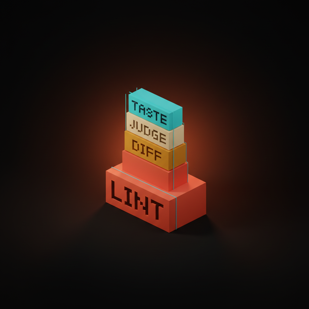 هرم فوكسل من أربعة طبقات متراصة بألوان المرجان والعنبر والكريم والأزرق السماوي، مع ملصقات محفورة بكلمة واحدة: LINT DIFF JUDGE TASTE، على أرضية استوديو داكنة مع ضباب مرجاني.