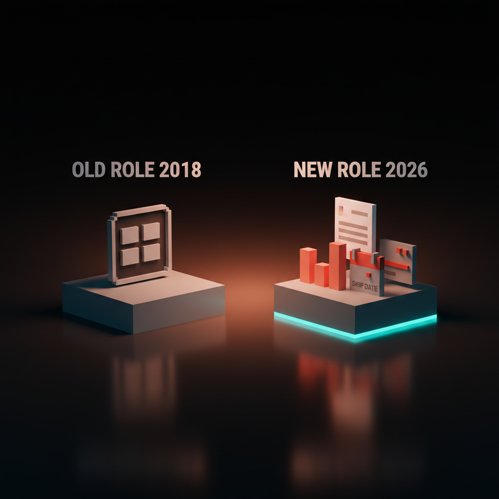 Voxel comparison of two pedestals, the left labeled OLD ROLE 2018 holding only a Figma frame, the right labeled NEW ROLE 2026 holding a spec doc, a metric chart, a calendar with a ship-date ring, and a user research card