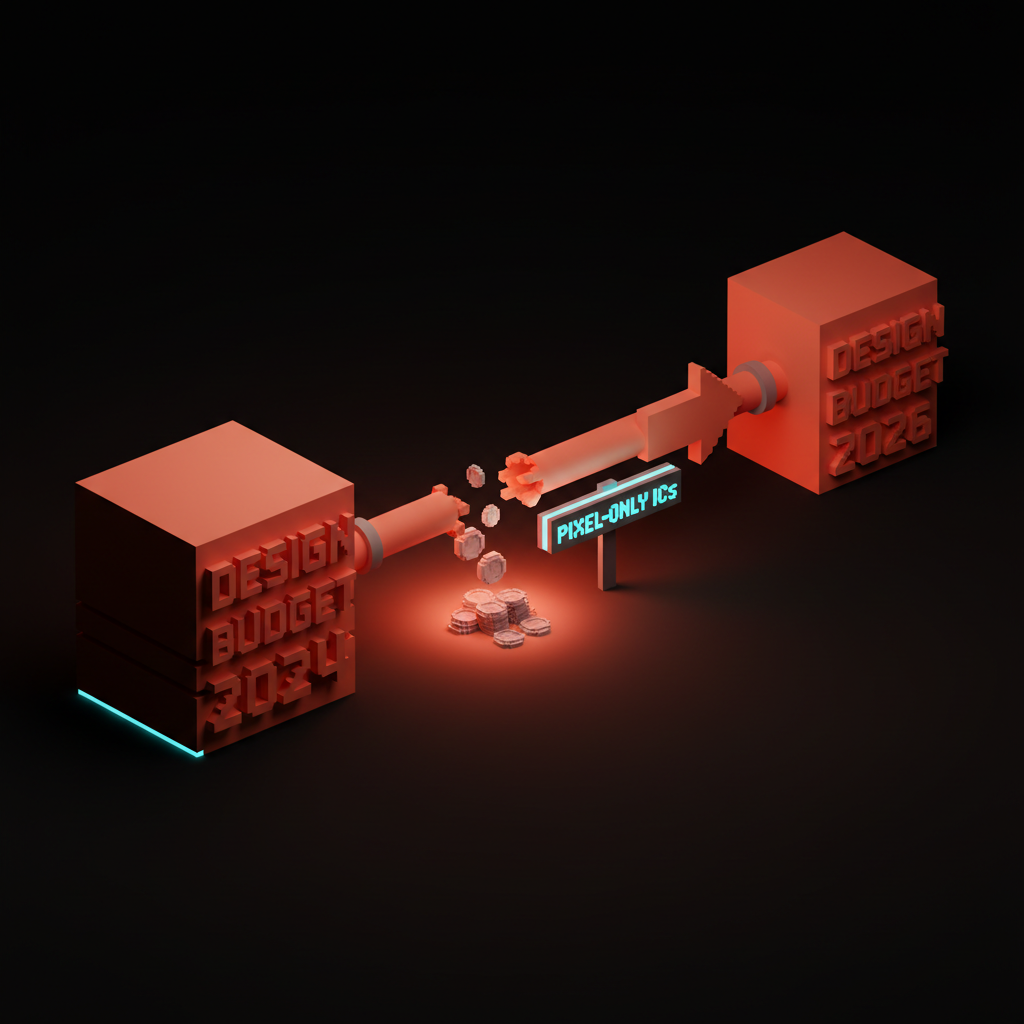 Voxel funding pipe running across the frame with a leak halfway along, a thinner DESIGN BUDGET 2026 block on the right, suggesting the loss is structural