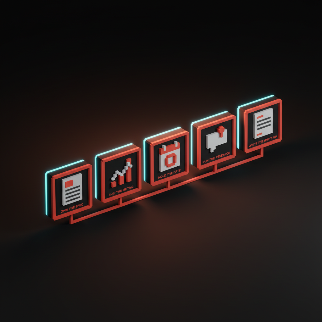 Voxel framework of five labeled cards reading OWN THE SPEC, SHIP THE METRIC, HOLD THE DATE, RUN THE RESEARCH, WRITE THE WRITE-UP, with a thin coral connector underneath