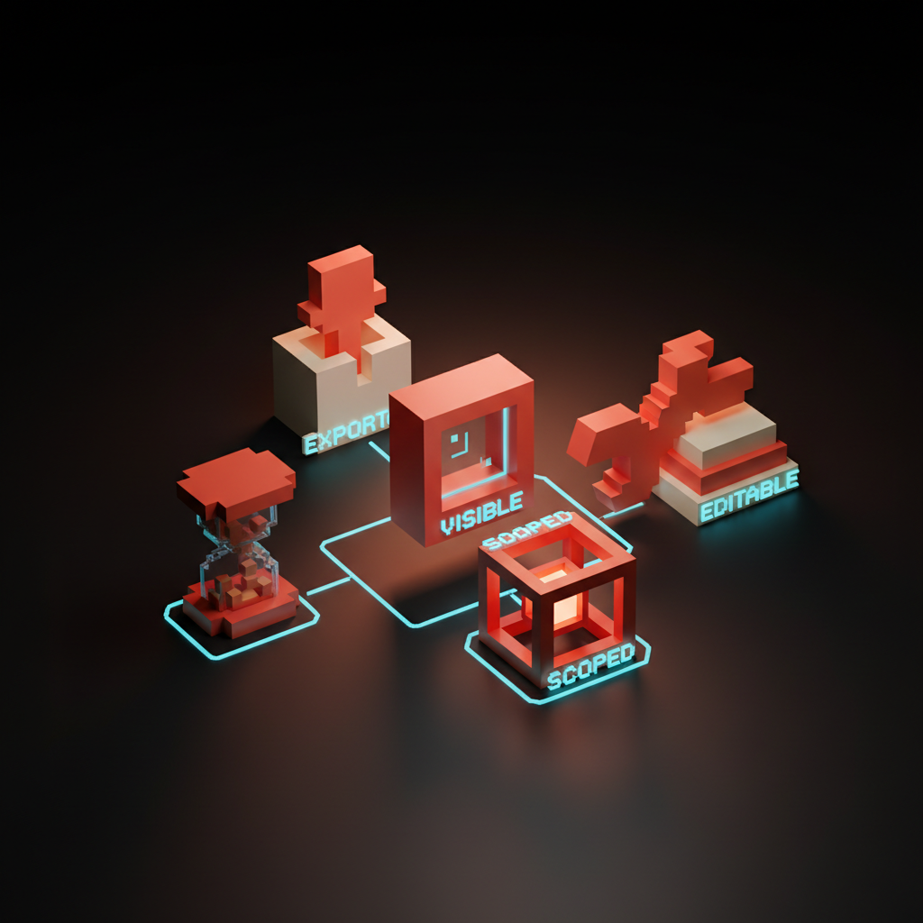 Five voxel cards labeled VISIBLE, EDITABLE, SCOPED, EXPIRABLE, EXPORTABLE arranged on a board, dark studio backdrop, soft pastel palette