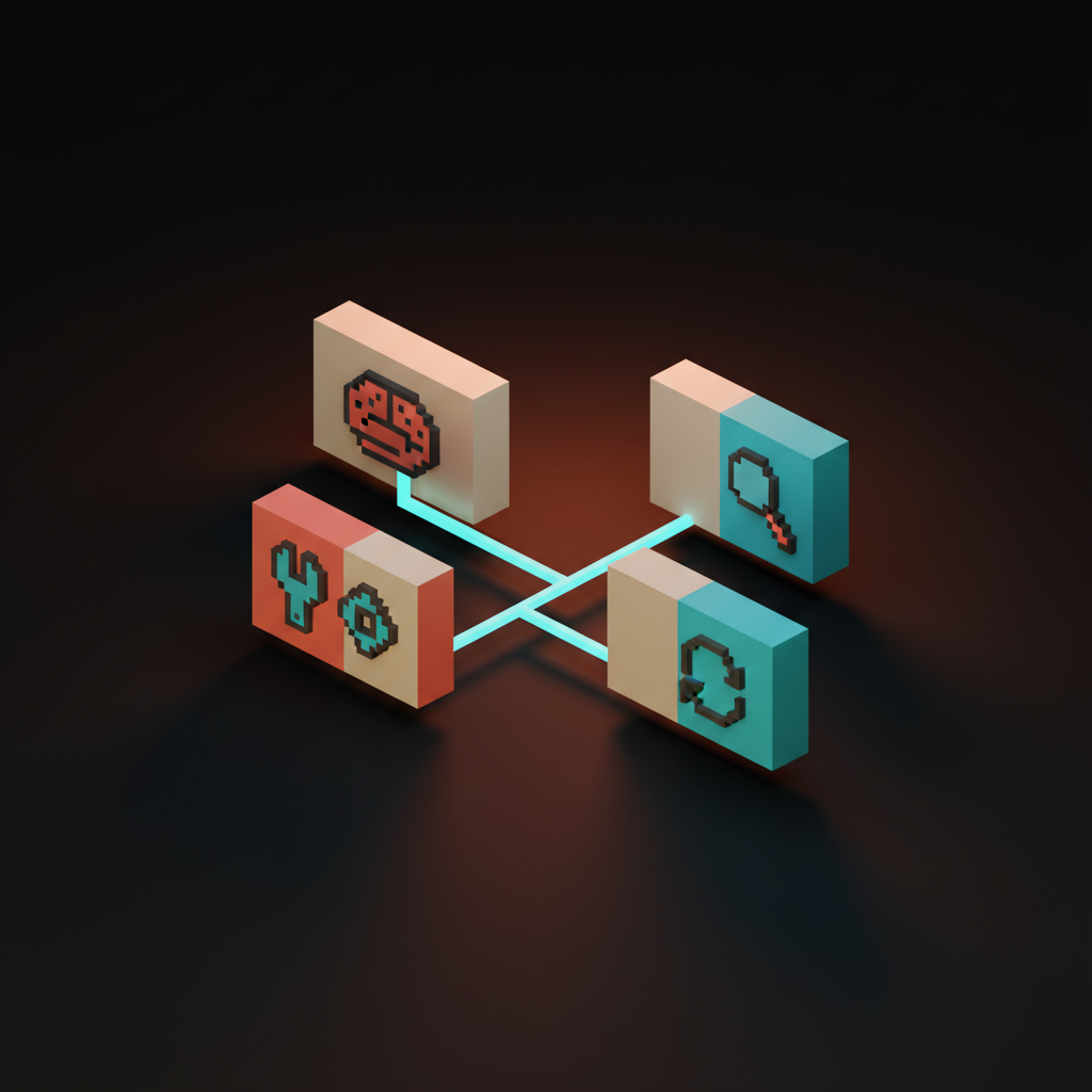 Four labeled voxel cards reading PREFERENCES, USER FACTS, WORK-IN-PROGRESS, BEHAVIOR SIGNALS, soft pastel palette, dark studio backdrop