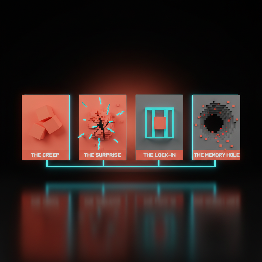 Four voxel cards labeled THE CREEP, THE SURPRISE, THE LOCK-IN, THE MEMORY HOLE on a dark studio backdrop, soft pastel palette