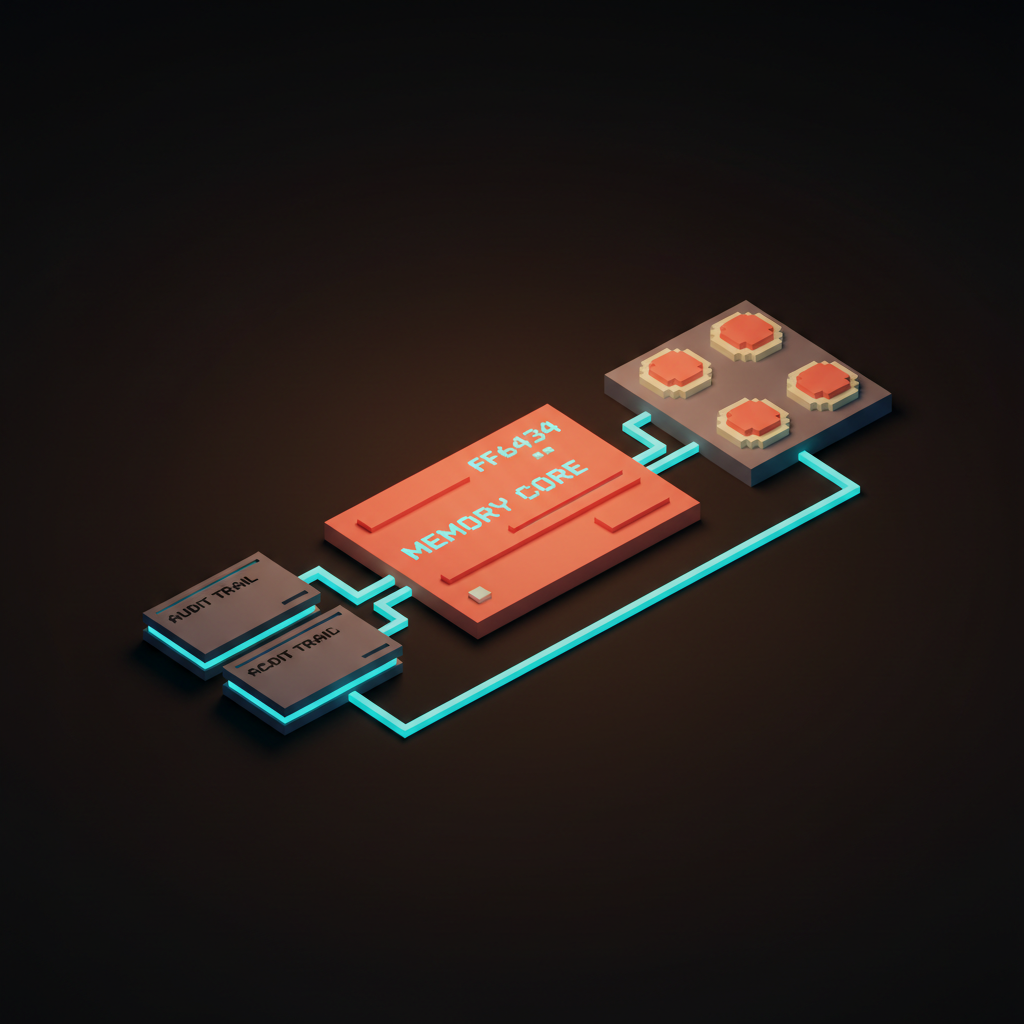 Voxel designer workspace with memory cards laid out, audit trail visible, scope chips on a board, soft pastel palette, dark studio backdrop
