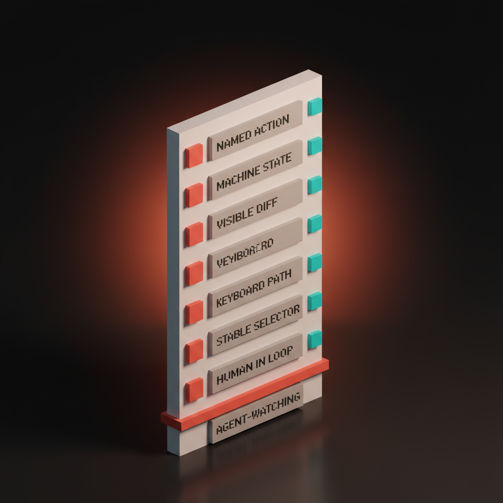 Voxel checklist surface with six rows labeled NAMED ACTION, MACHINE STATE, VISIBLE DIFF, KEYBOARD PATH, STABLE SELECTOR, HUMAN IN LOOP, each with a coral checkbox glyph and a cyan score chip