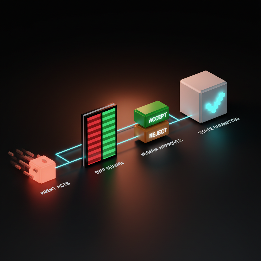 Voxel horizontal flow with four stations labeled AGENT ACTS, DIFF SHOWN, HUMAN APPROVES, STATE COMMITTED, connected by a coral line