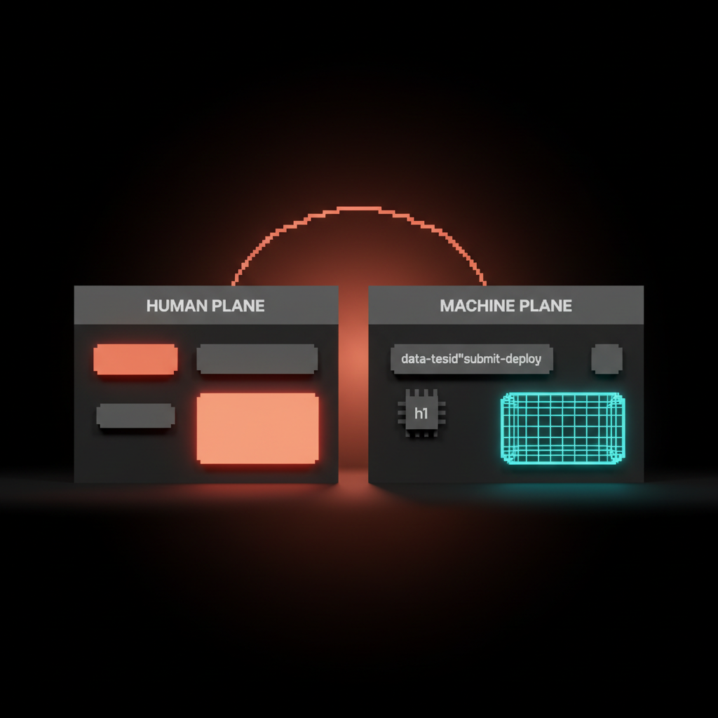 Voxel split-plane diagram of one product surface rendered twice, the human plane with polished button and heading, the machine plane with the same elements as labeled DOM chips and data-testid tags