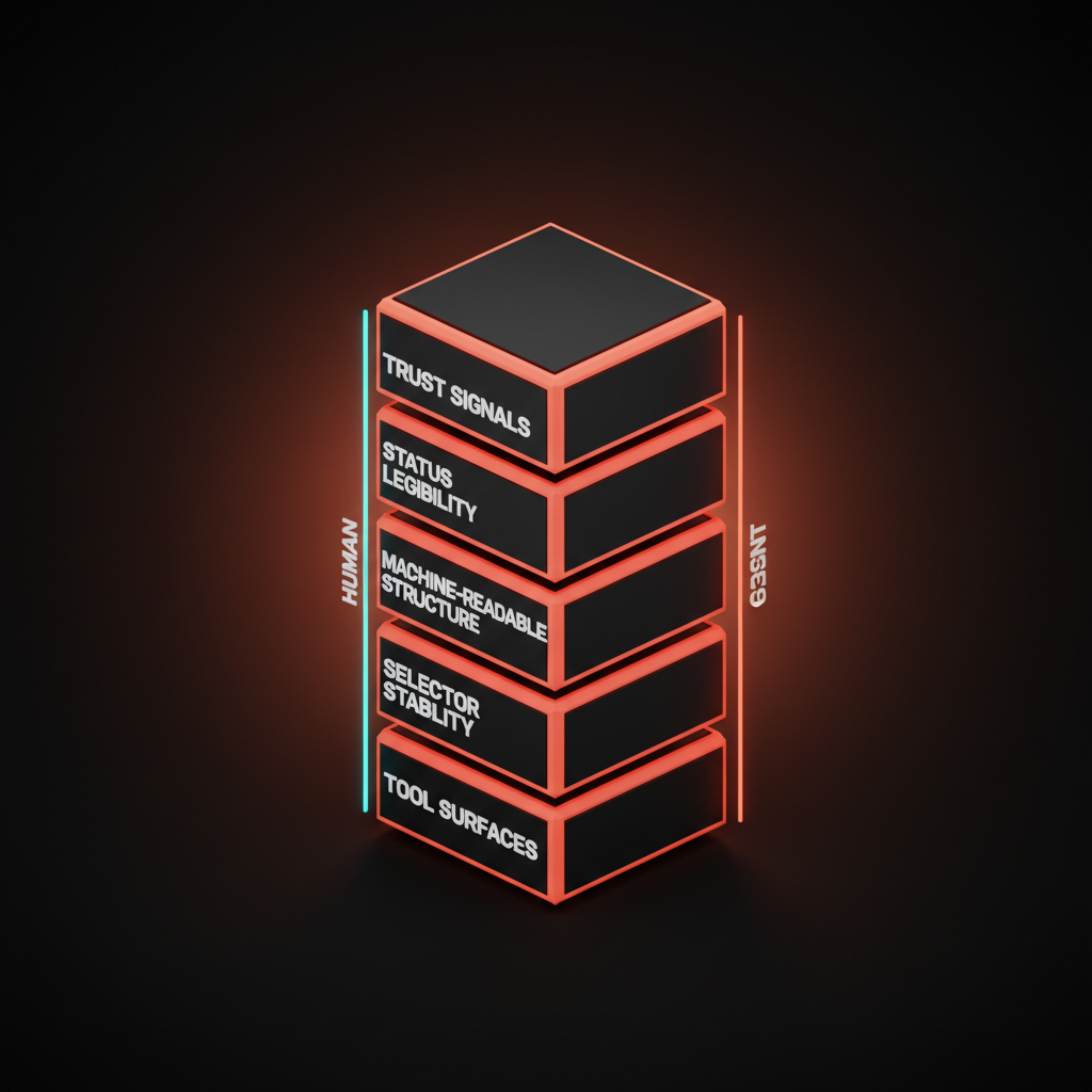 Voxel five-layer stack diagram with labels TOOL SURFACES, SELECTOR STABILITY, MACHINE-READABLE STRUCTURE, STATUS LEGIBILITY, TRUST SIGNALS, with HUMAN traced up one edge and AGENT traced up the other