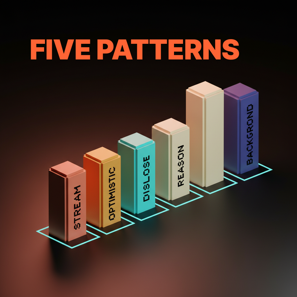 Voxel diagram of five small heavy voxel pillars in a horizontal row on the studio floor, each a different muted color separated by thin connecting voxel rules, single-word labels STREAM, OPTIMISTIC, DISCLOSE, REASON, BACKGROUND etched into each pillar