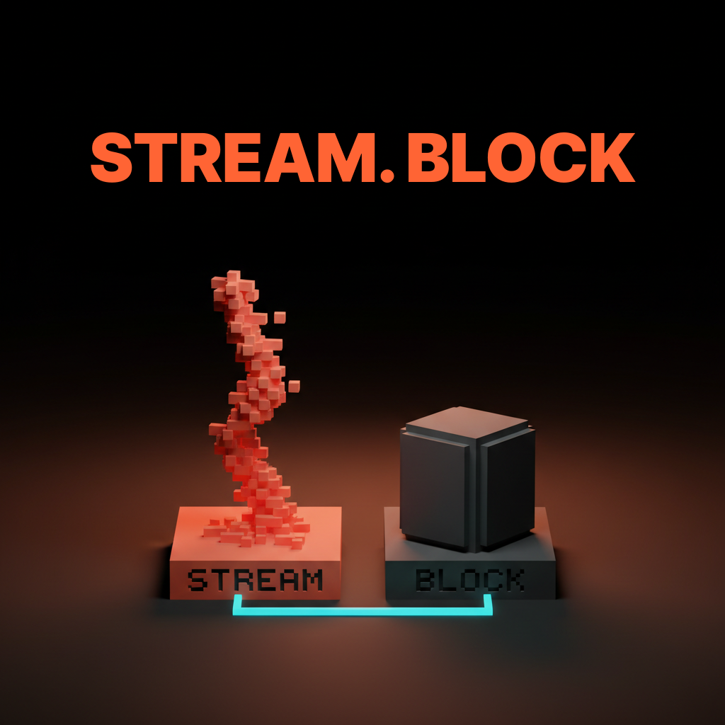 Voxel composition of two voxel pedestals side by side, the left a coral slab labeled STREAM holding a tall stack of small voxel token-bars cascading upward, the right a charcoal slab labeled BLOCK holding a single closed voxel cube sitting heavy and dim