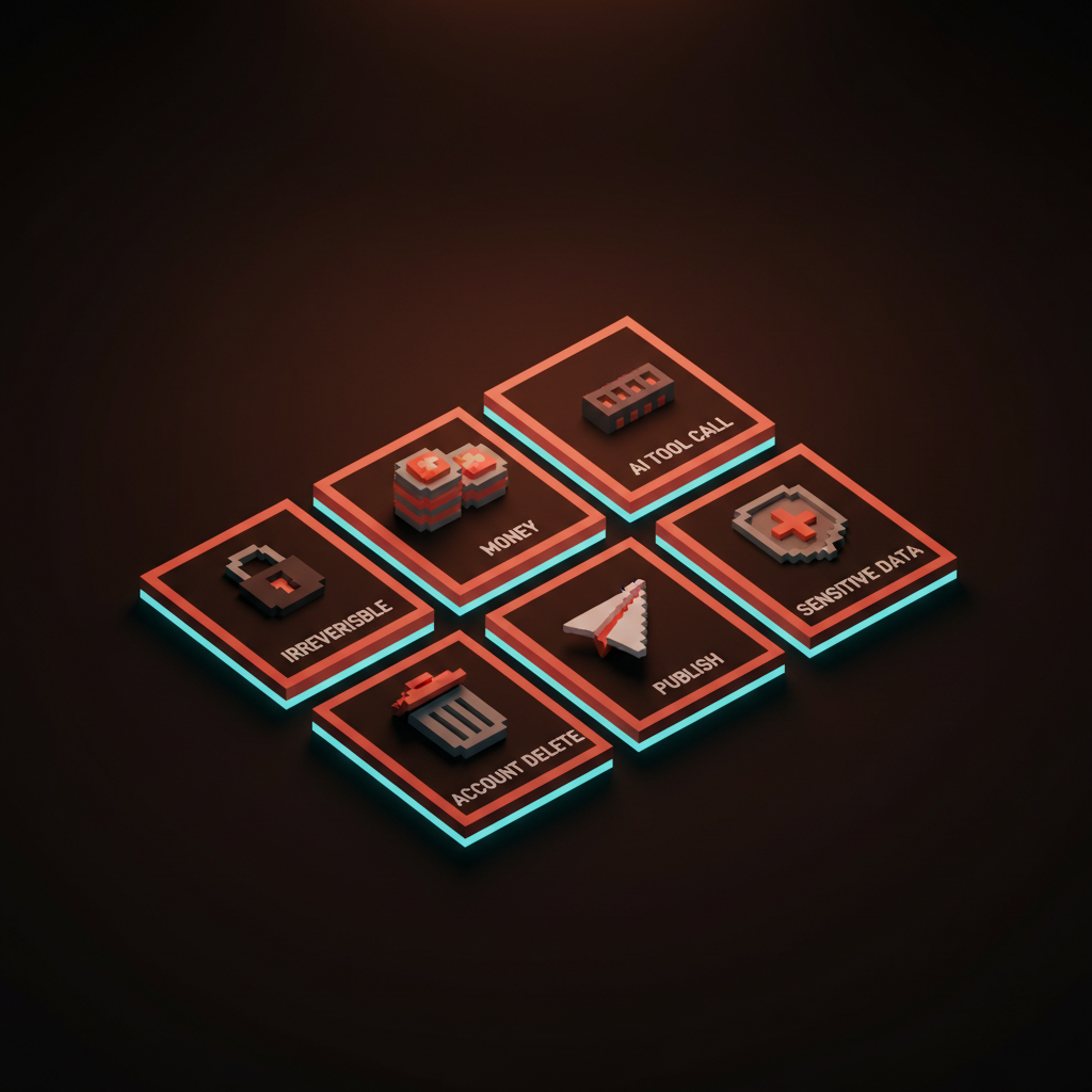 Voxel framework matrix of six labeled tiles showing where friction earns its keep including IRREVERSIBLE, MONEY, AI TOOL CALL, ACCOUNT DELETE, PUBLISH, and SENSITIVE DATA