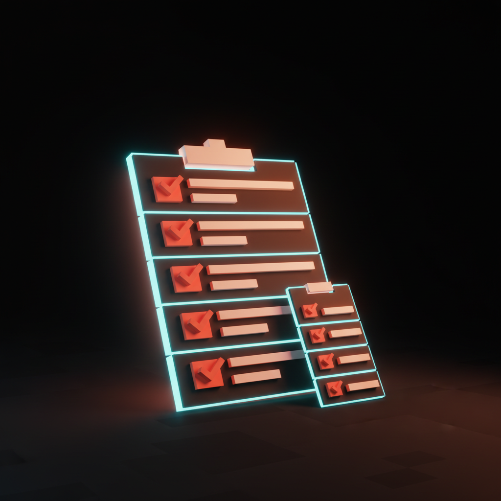 Voxel rendering of a vertical audit card stack with coral checkboxes representing the streaming-surface audit