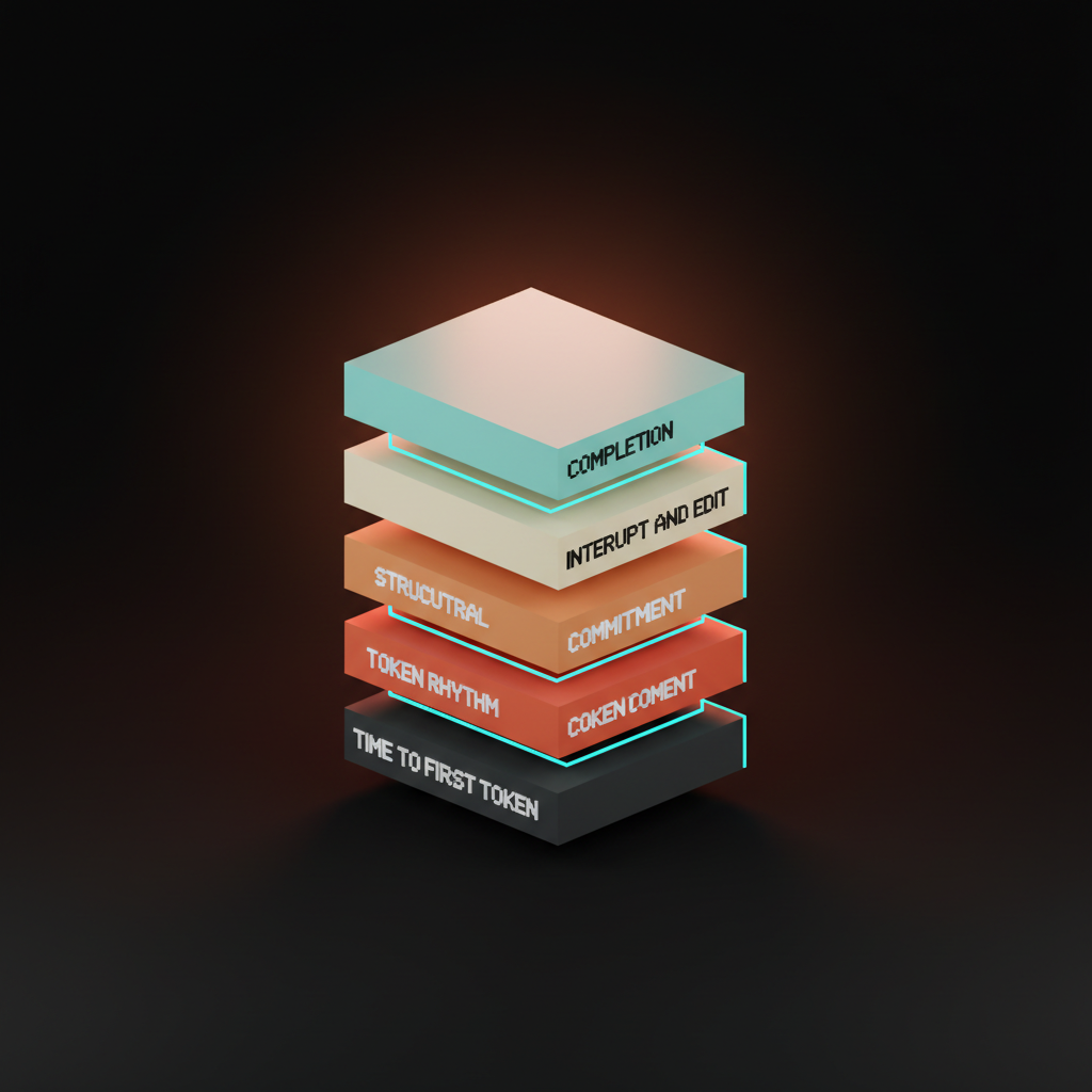 Voxel diagram of a five-layer tower with slabs labeled time-to-first-token, token rhythm, structural commitment, interrupt and edit, and completion