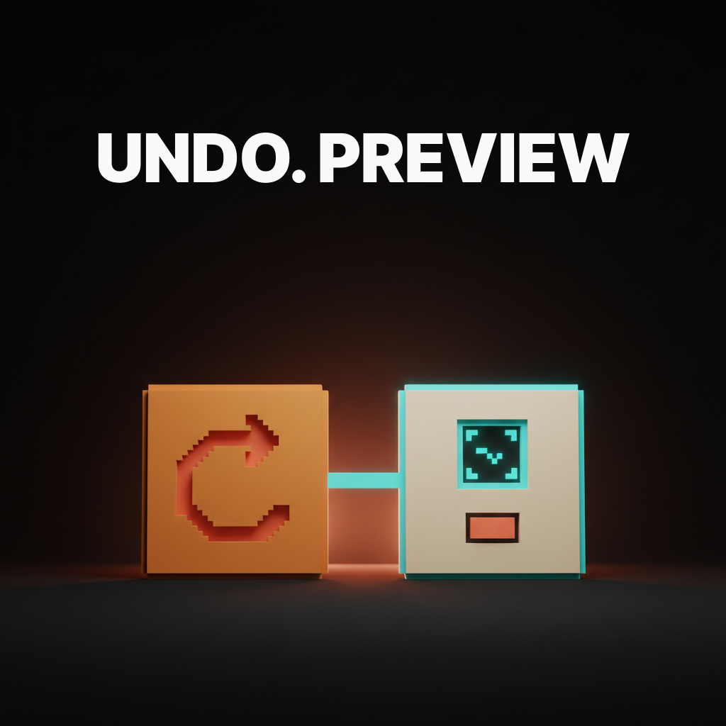 Voxel composition of two voxel surfaces side by side, the left an amber slab carved with a coral undo arrow looping back on itself, the right a cream slab carved with a cyan preview pane showing a small voxel diff with a commit button glowing at its base