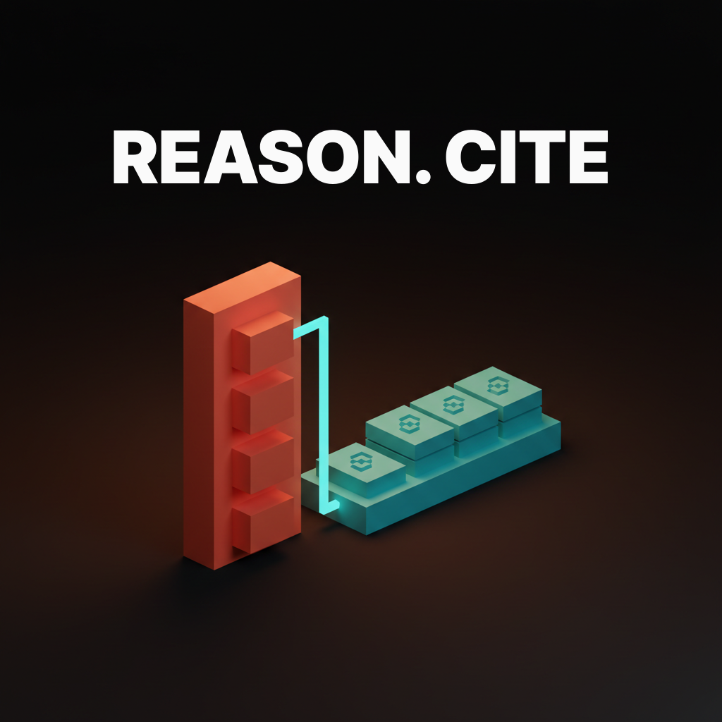 Voxel composition of two voxel surfaces side by side, the left a coral slab carved with a vertical stack of small reasoning chips offset like a step trace, the right a cyan slab carrying a horizontal stack of small citation cards each with a tiny voxel link glyph etched on its face