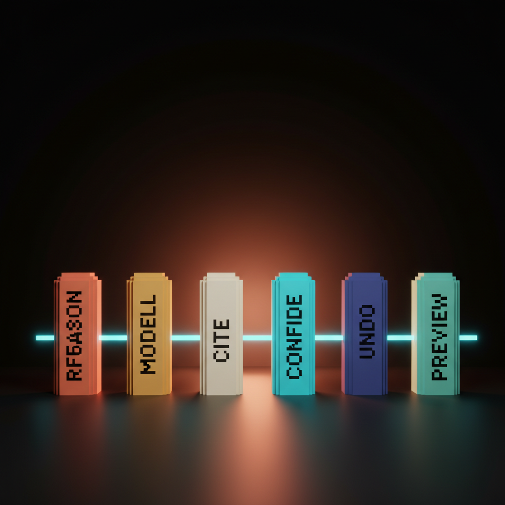Voxel diagram of six small heavy voxel pillars in a horizontal row on the studio floor, each a different muted color separated by thin connecting voxel rules, single-word labels REASON, MODEL, CITE, CONFIDE, UNDO, PREVIEW etched into each pillar