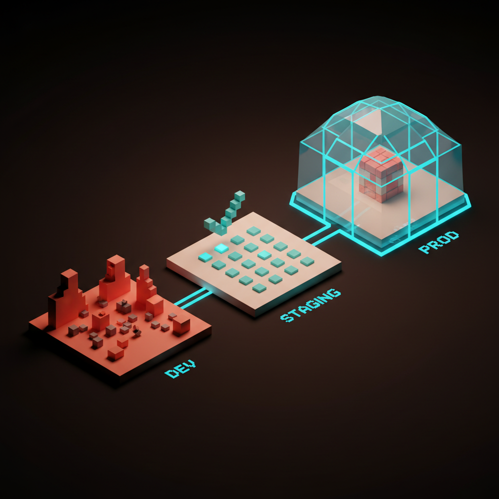 Voxel framework showing three labeled platforms DEV STAGING PROD with distinct colors and feel, dev messy and small, staging mid fidelity with checklist, prod polished and shielded, soft pastel