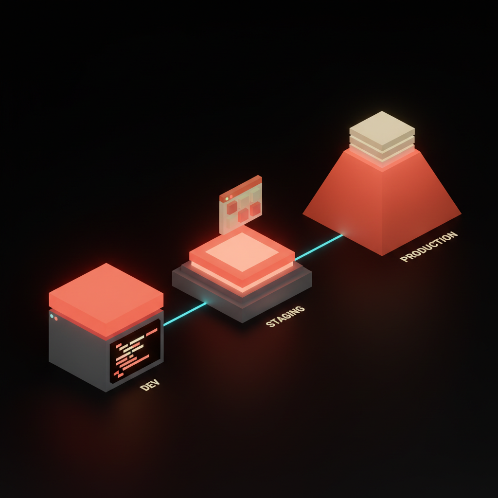Voxel scene of three preview URLs floating beside three open PRs, each with its own tiny self contained app surface like temporary parallel worlds, soft pastel