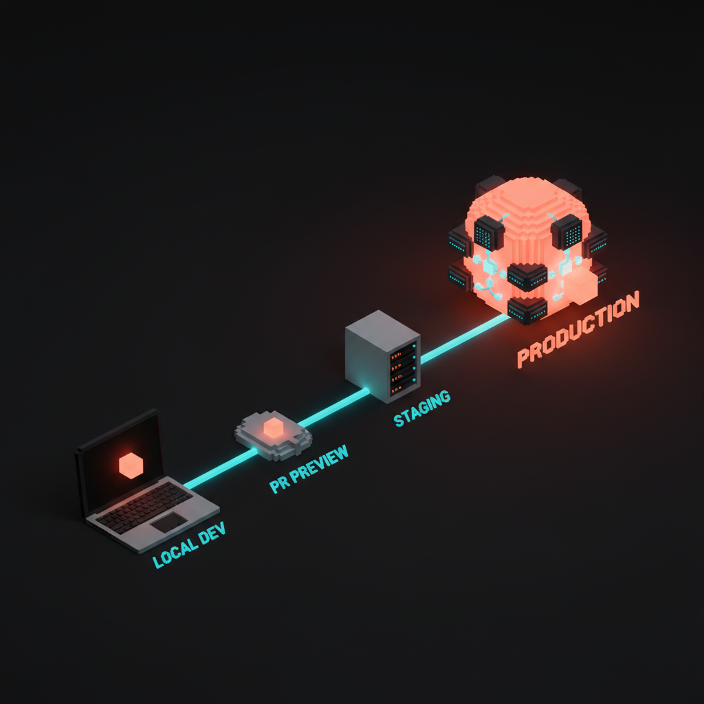 Voxel diagram showing a small change cube traveling from local laptop to PR preview to staging to prod, each stop labeled, branching arrows, soft pastel