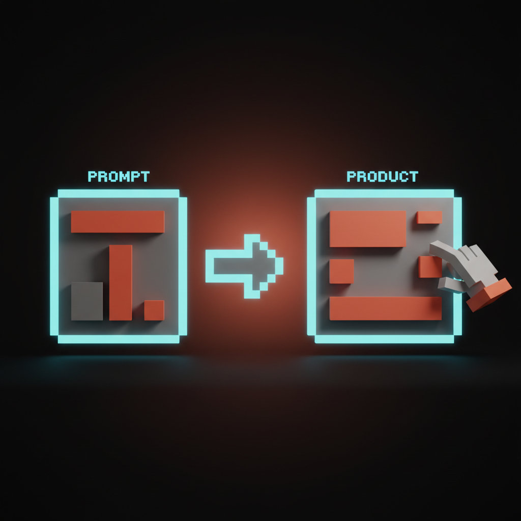 Voxel illustration of a prompt-to-UI generation loop replacing traditional multi-screen Figma iteration.