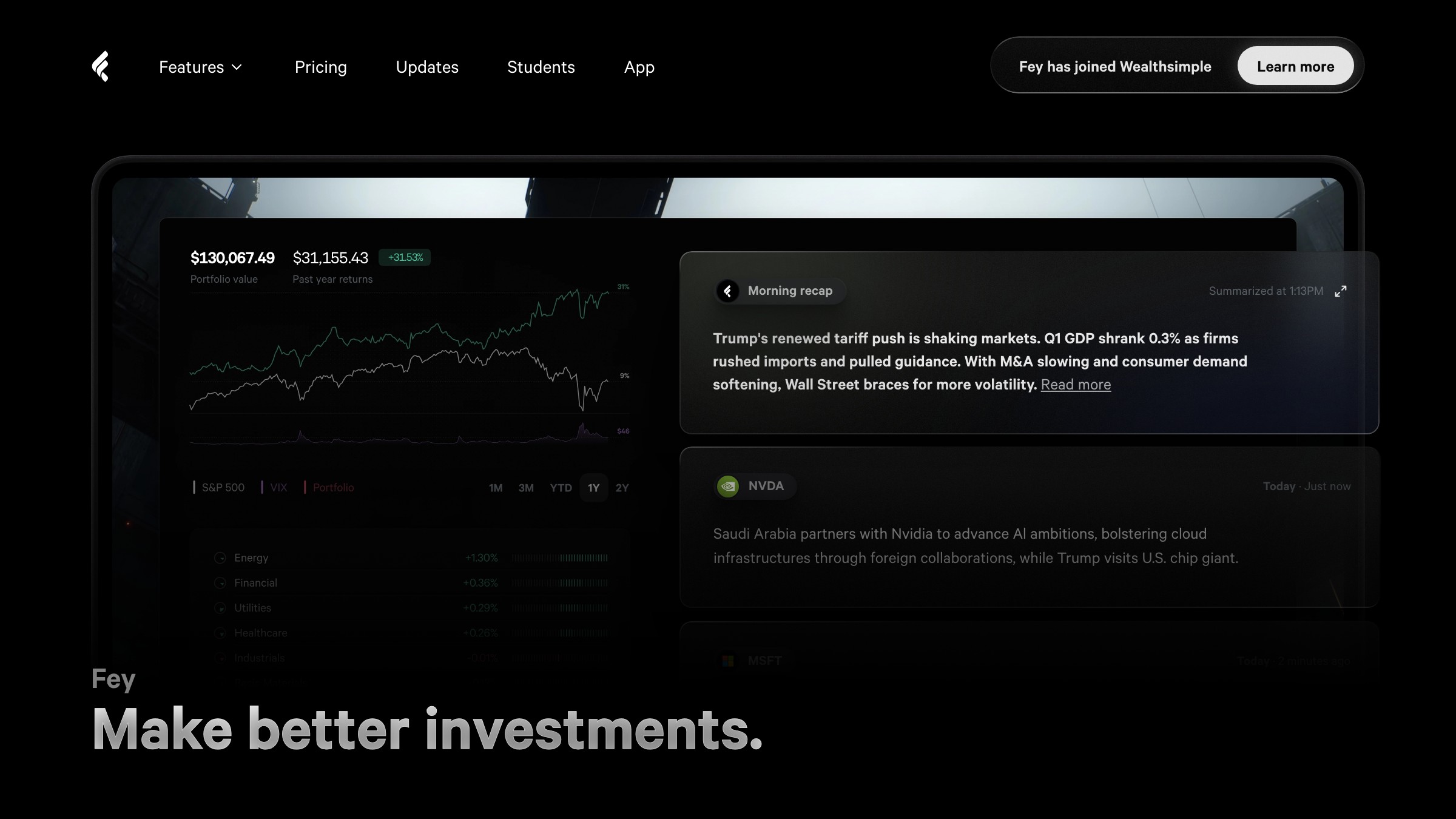 Fey portfolio tracker showing dense financial data with restrained color and tight typographic hierarchy.