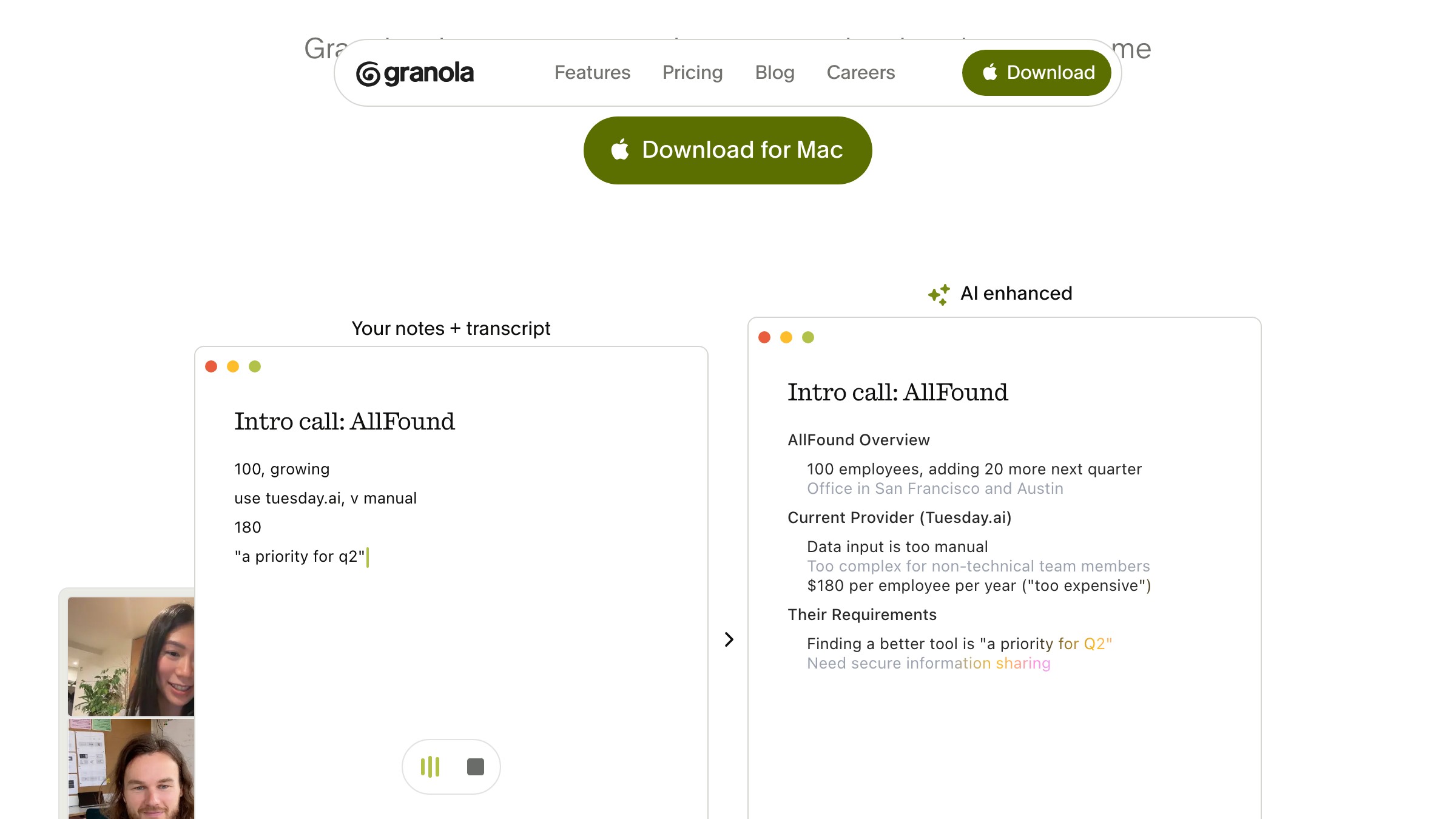 Granola's interface showing user notes and AI-enhanced output merged into a single surface rather than a separate sidebar panel.