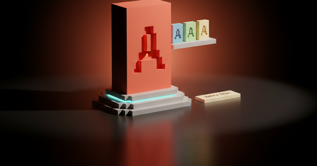 Voxel display type stage with a tall coral monolith carrying a display A glyph and three small body-type slabs to the right