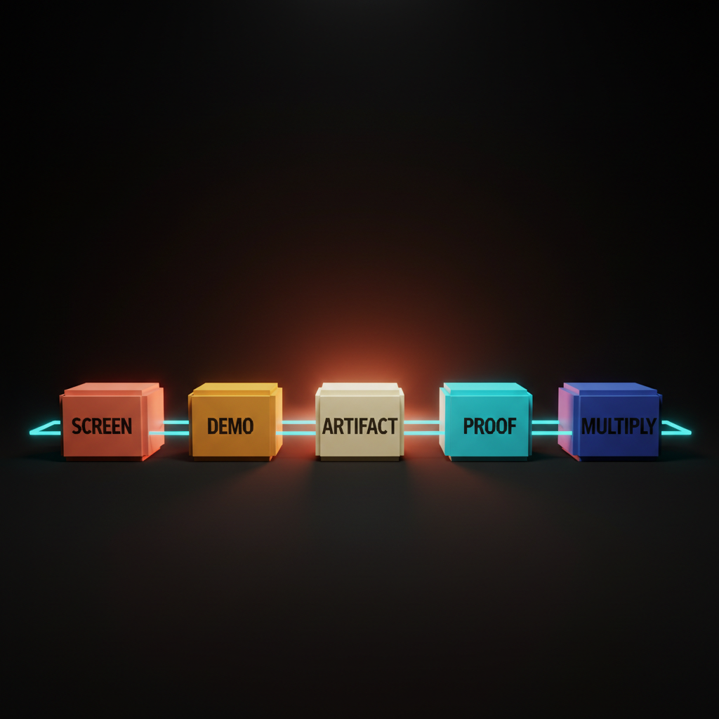 Voxel diagram of five small heavy blocks arranged in a horizontal row on the studio floor, each block a different muted color and a slightly different size and weight, with single-word labels reading SCREEN DEMO ARTIFACT PROOF MULTIPLY