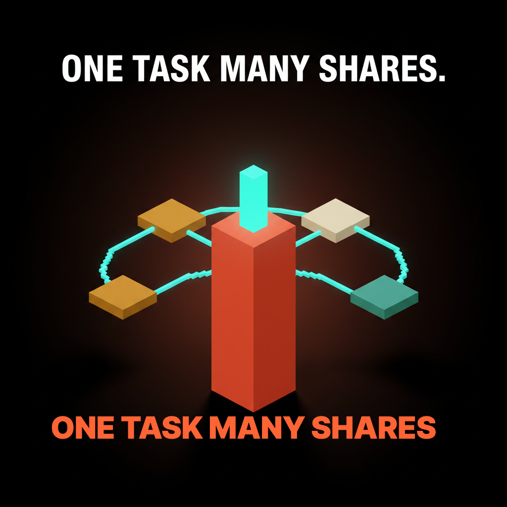 Voxel composition with a central coral voxel block on the studio floor, a glowing cyan voxel artifact emerging from its top face and splitting into three smaller artifact tiles arcing outward in different muted colors, each linked back to the central block with a thin voxel line