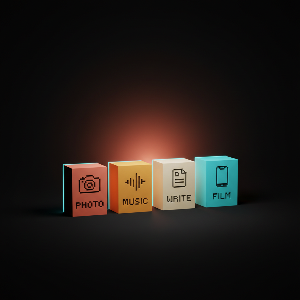 Voxel row of four heavy monoliths in coral amber cream cyan with single-word etched labels PHOTO MUSIC WRITE FILM, dark studio with coral haze