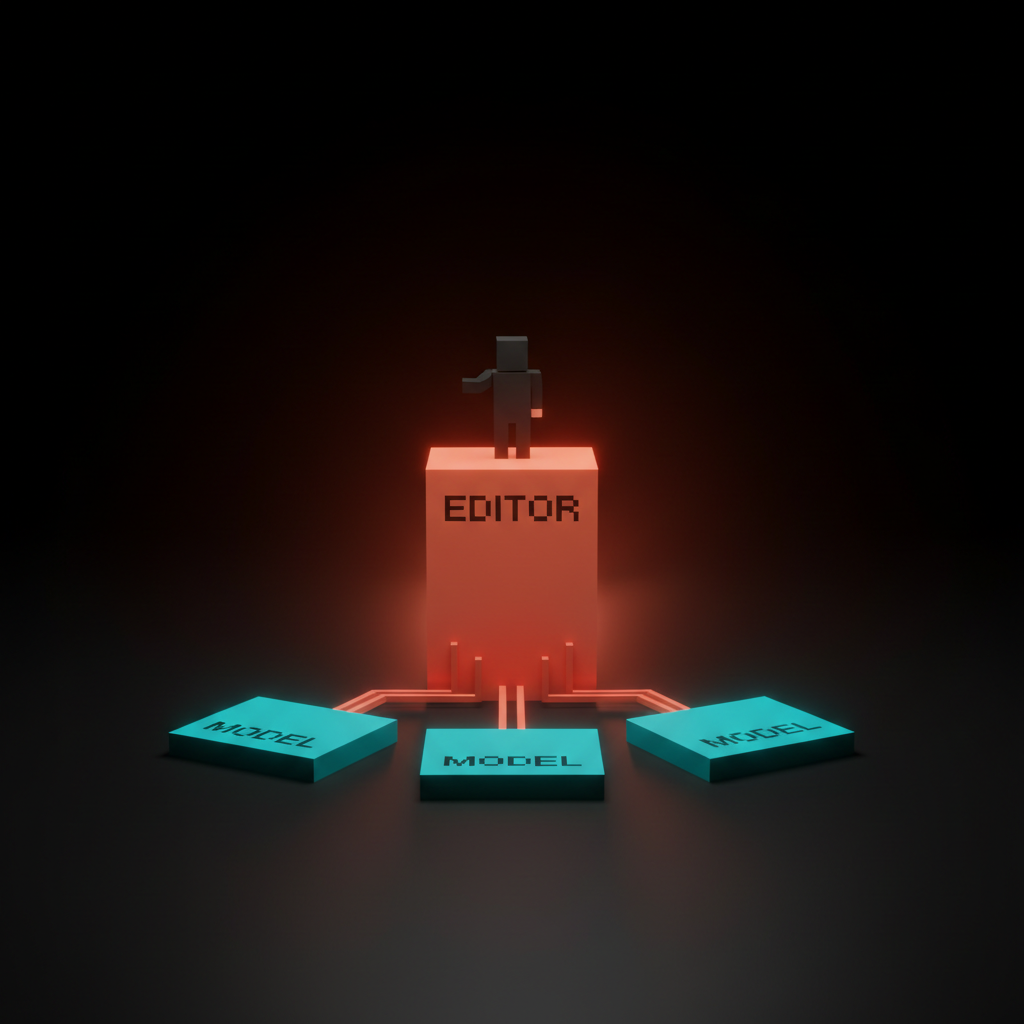 Voxel central pedestal with designer figure on top above three model slabs emitting upward streams labeled EDITOR and MODEL, dark studio with coral haze