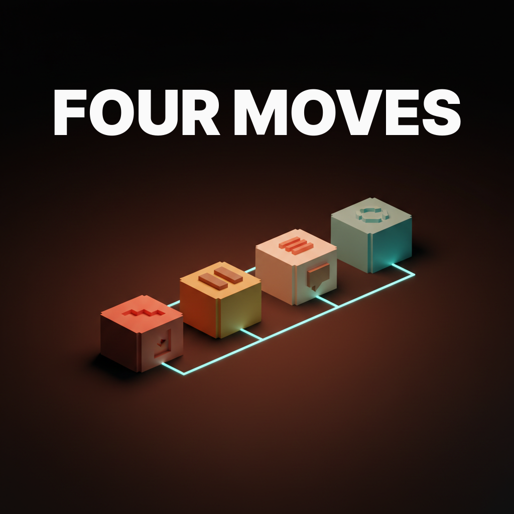 Voxel row of four pedestals in coral amber cream cyan with single-word etched labels REDUCE COMPARE ARTICULATE REFRAME, dark studio with coral haze