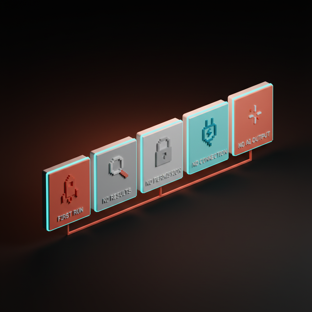 Voxel diagram of five labeled cards in a row, each representing one empty state archetype: first run, no results, no permission, no connection, and no AI output