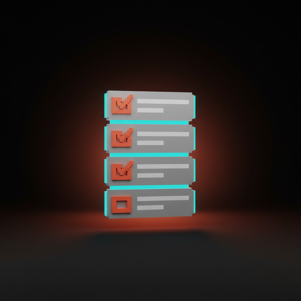 Voxel rendering of a vertical checklist card stack tilted toward the camera, each row showing a coral checkbox and a white text bar, suggesting an audit being run