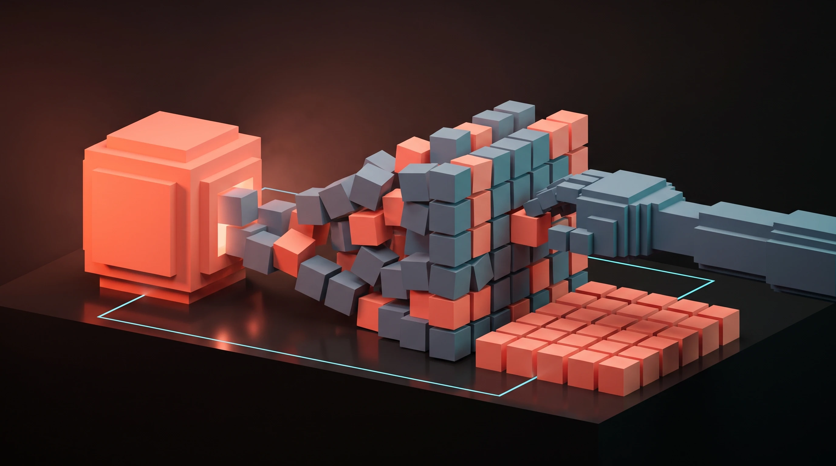 The cleanup tax in voxels: a generator spits out a fast but jumbled pile of blocks, and the work of dragging it back into a clean, aligned grid is the cost the demo never shows.